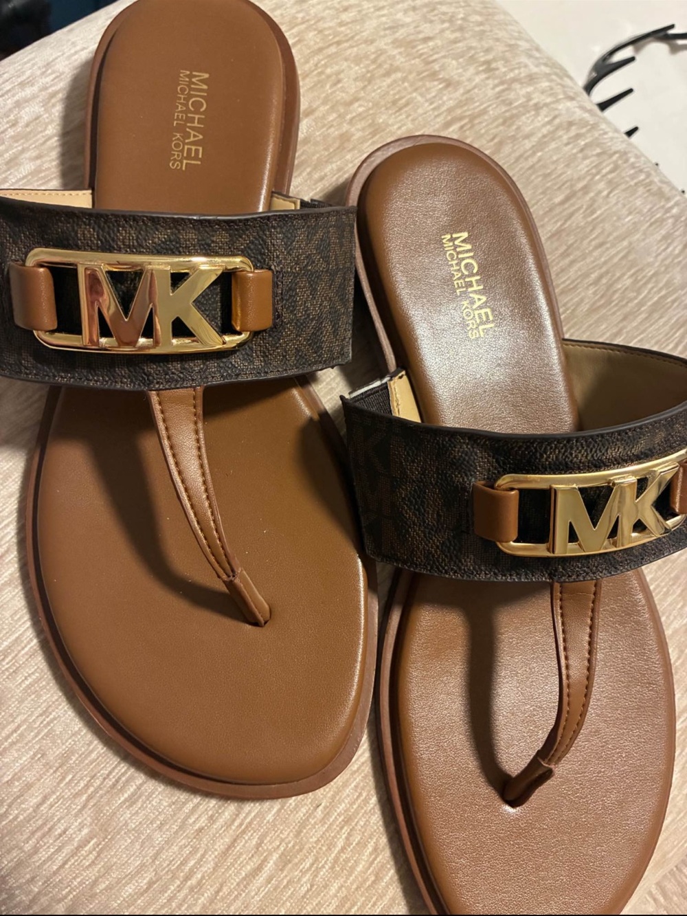 Michael Kors Brown Logo MK Thong Sandals with Gold Accent